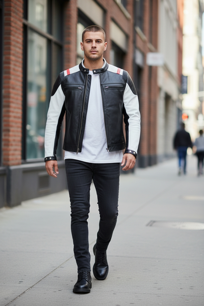 Men's Real Leather Bikers Jacket Contrast Coloured & Stretchable Panels