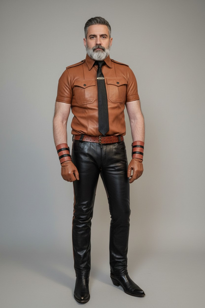 Men's Real Leather Pants & Police Style Short Sleeves Shirt