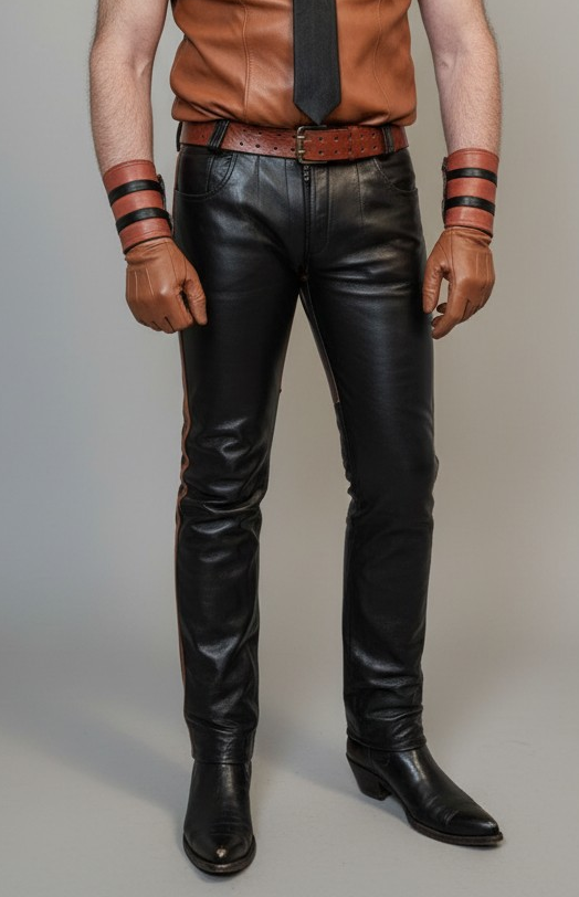 Men's Real Leather Pants & Police Style Short Sleeves Shirt