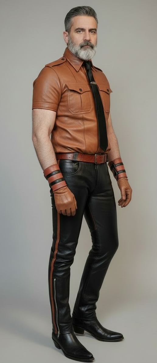 Men's Real Leather Pants & Police Style Short Sleeves Shirt