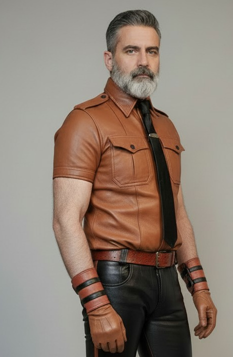 Men's Real Leather Pants & Police Style Short Sleeves Shirt