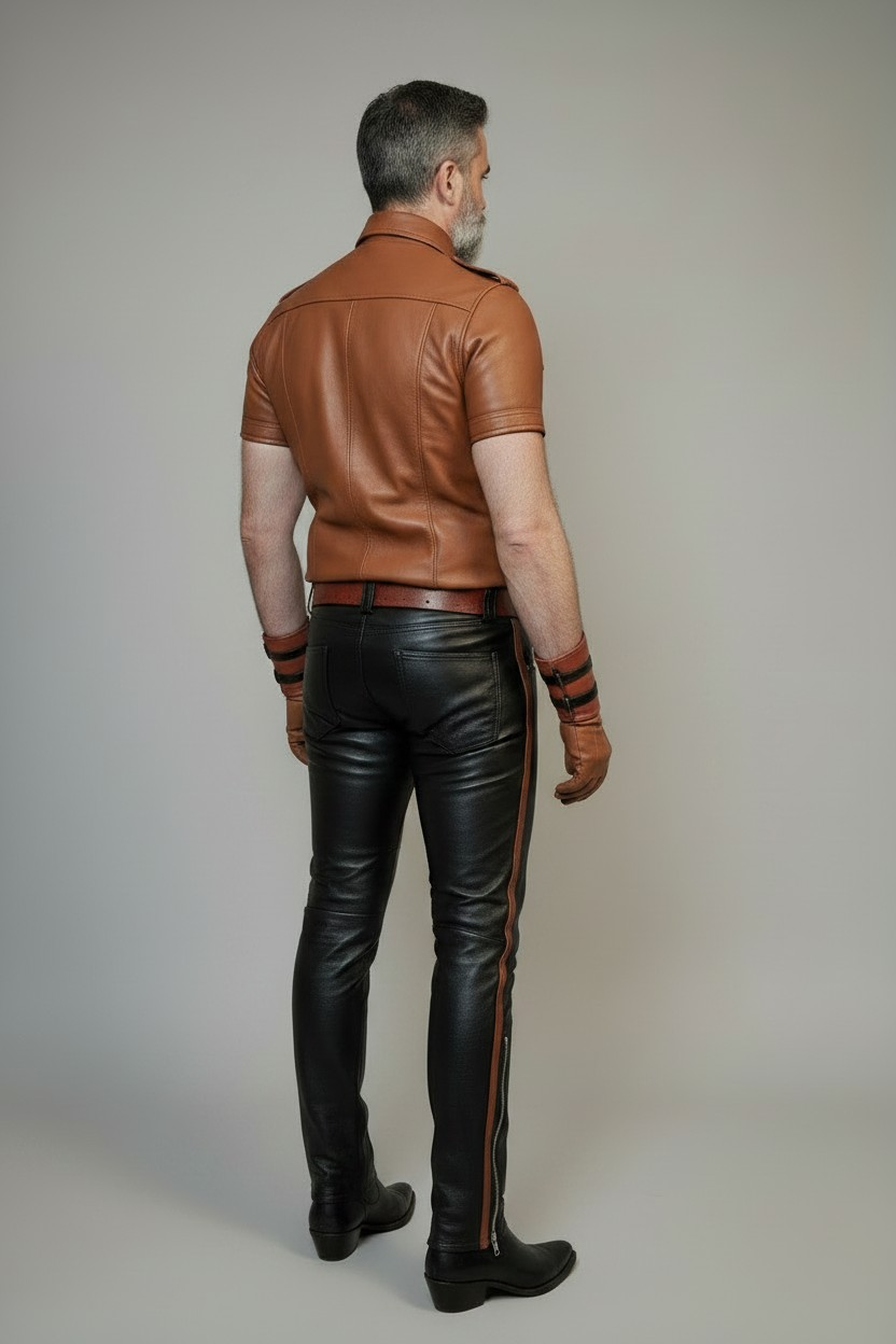 Men's Real Leather Pants & Police Style Short Sleeves Shirt