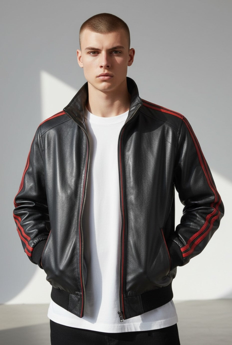 Men's Real Lamb Leather Bomber Jacket With Red Leather Stripes
