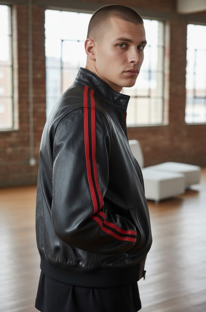 Men's Real Lamb Leather Bomber Jacket With Red Leather Stripes
