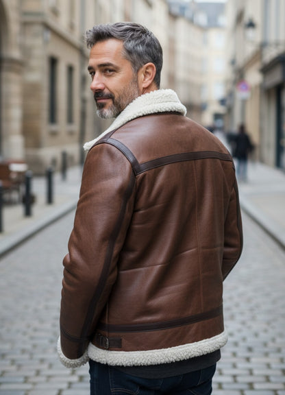 Men's Real Leather Jacket With Faux Fur Lining / Shearling Warm And Elegant Leather Jacket