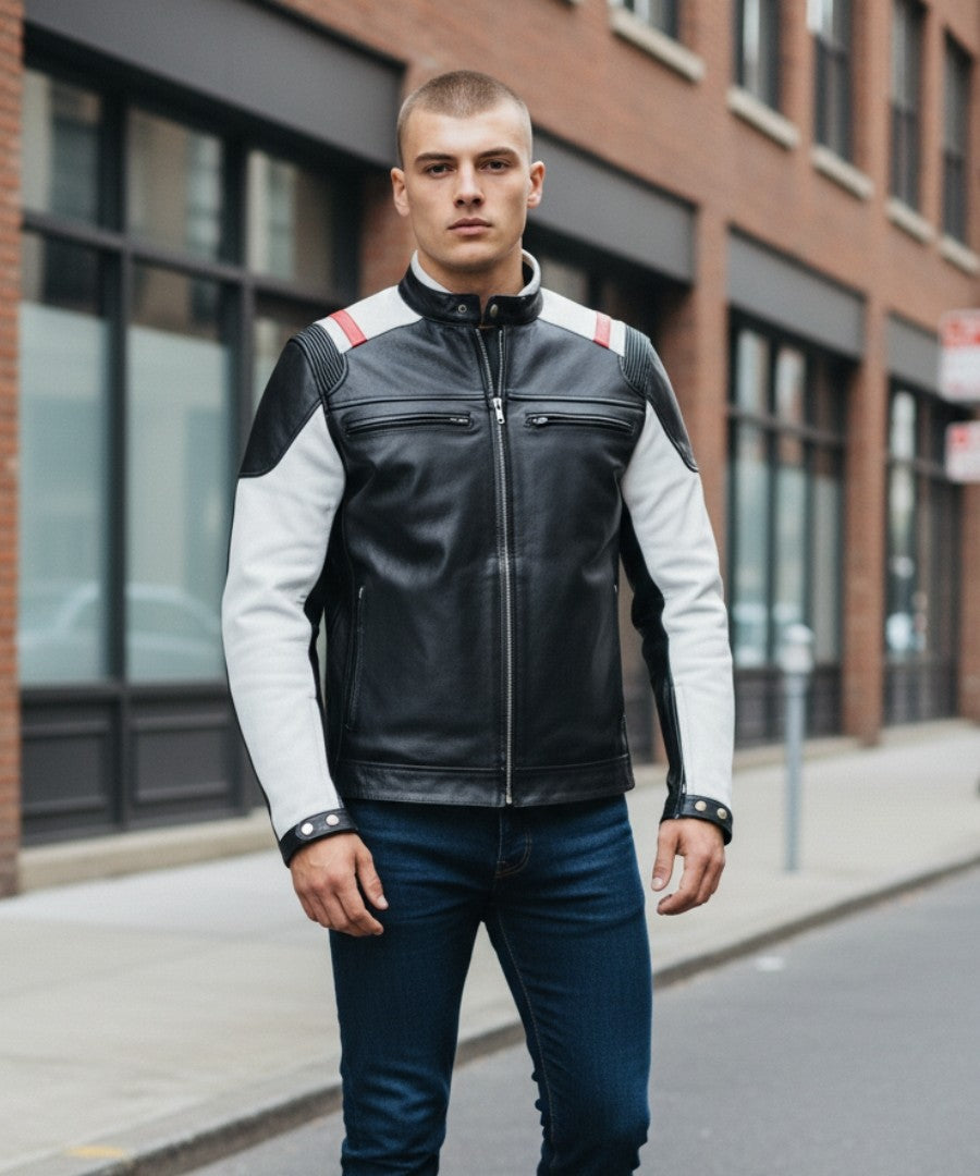 Men's Real Leather Bikers Jacket Contrast Coloured & Stretchable Panels