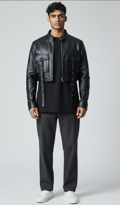 Men's Real Lamb Leather Cropped Jacket Leather Cropped Jacket With Pockets & Straps