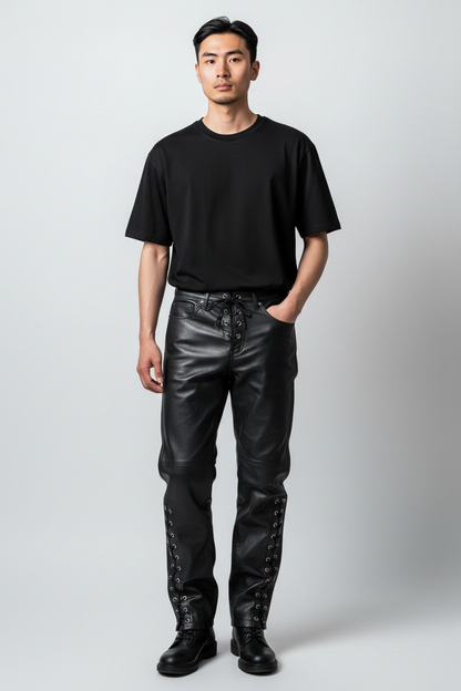 Men's Real Cowhide Laces Up Pants Bikers Pants