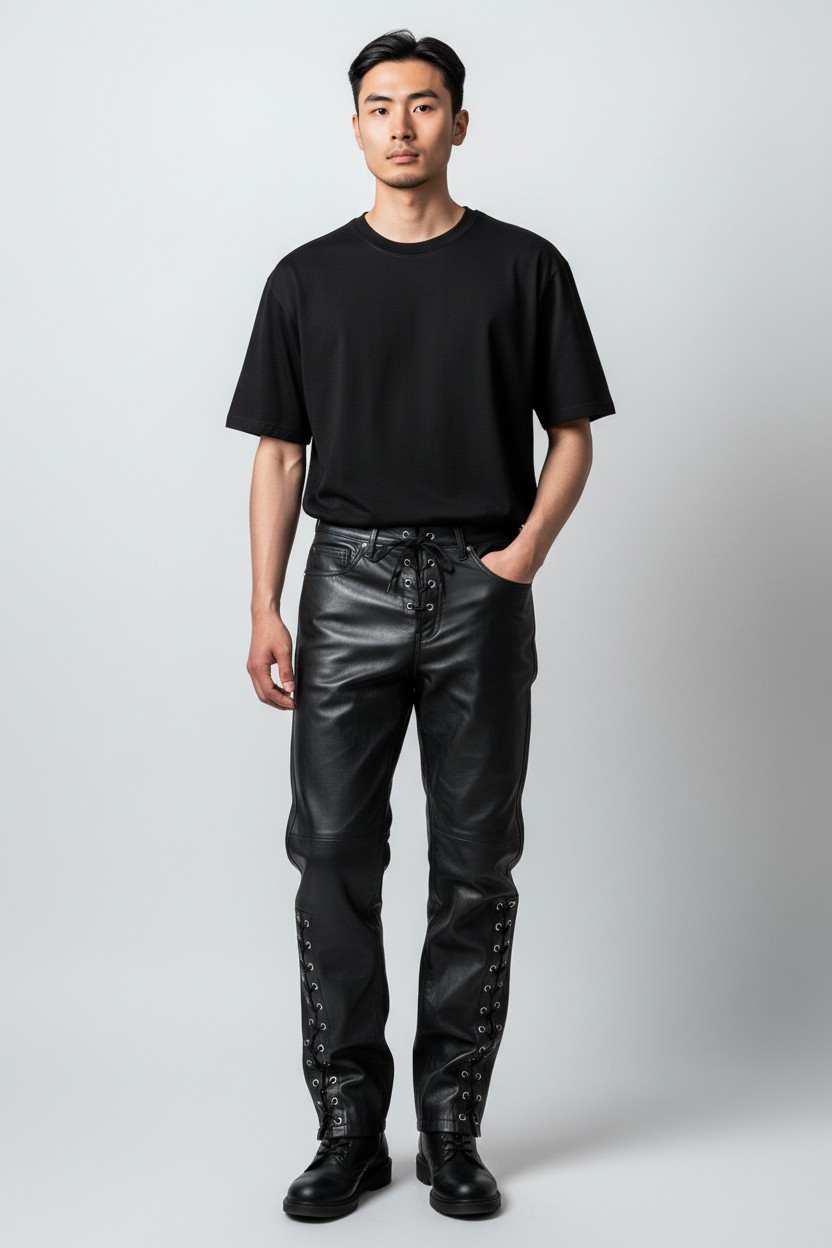 Men's Real Cowhide Laces Up Pants Bikers Pants