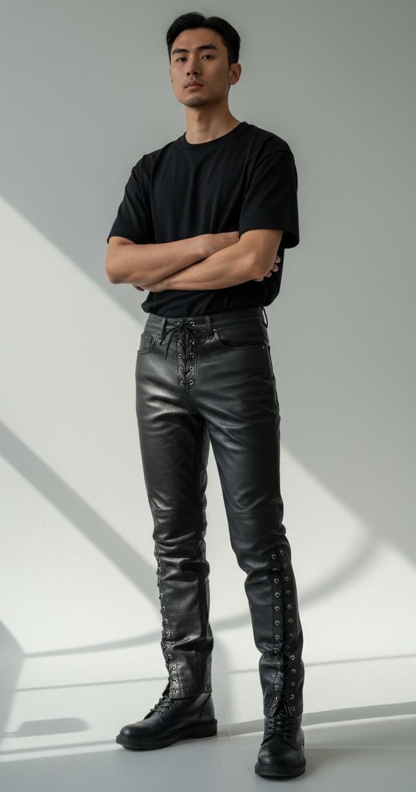Men's Real Cowhide Laces Up Pants Bikers Pants