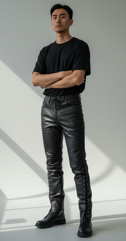 Men's Real Cowhide Laces Up Pants Bikers Pants