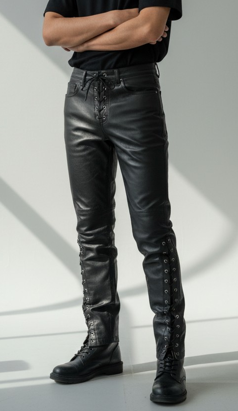 Men's Real Cowhide Laces Up Pants Bikers Pants