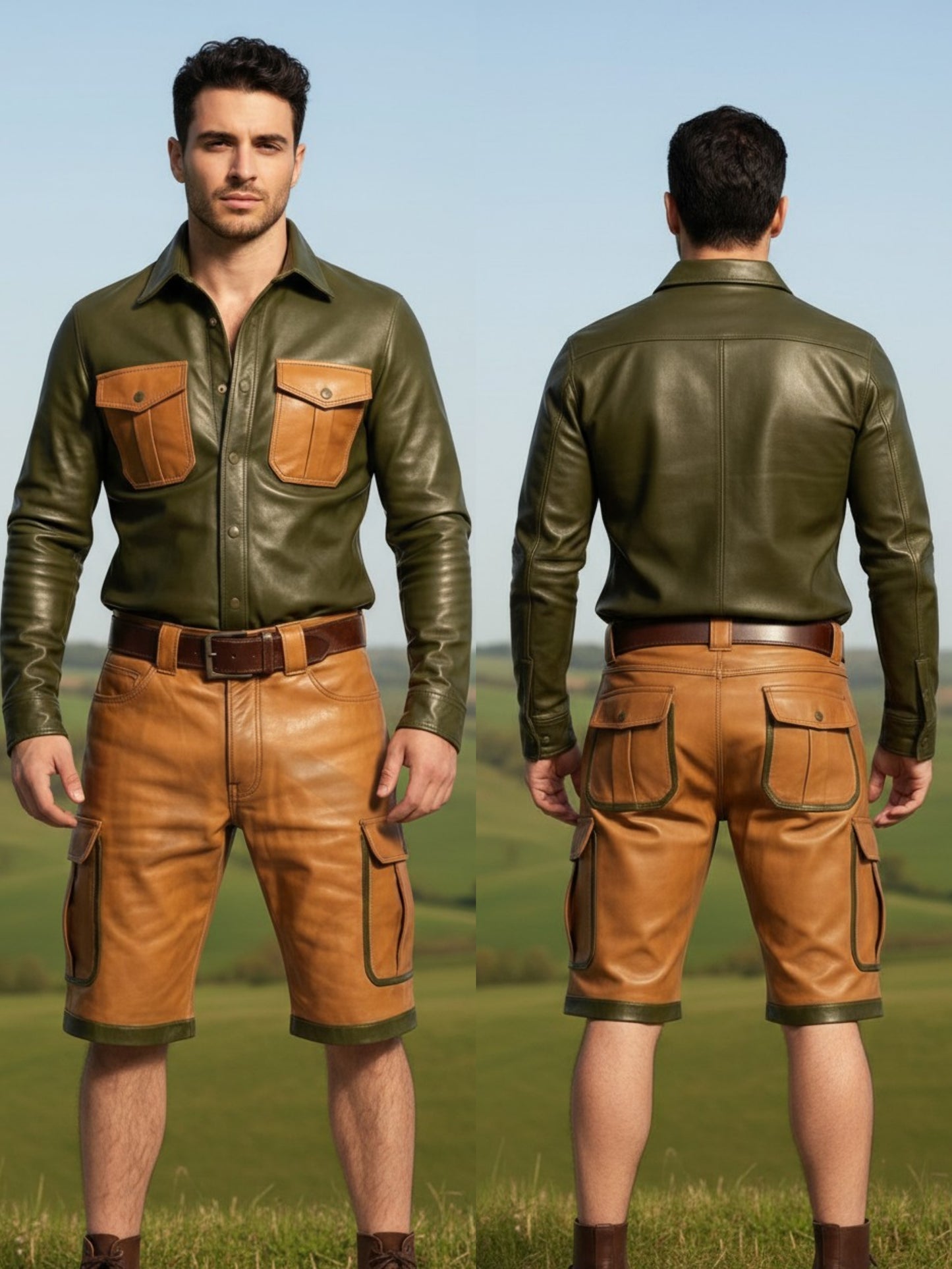 Men's Real Vintage Lamb Leather Cargo Shorts & Long Sleeves Shirt Contrast Trims