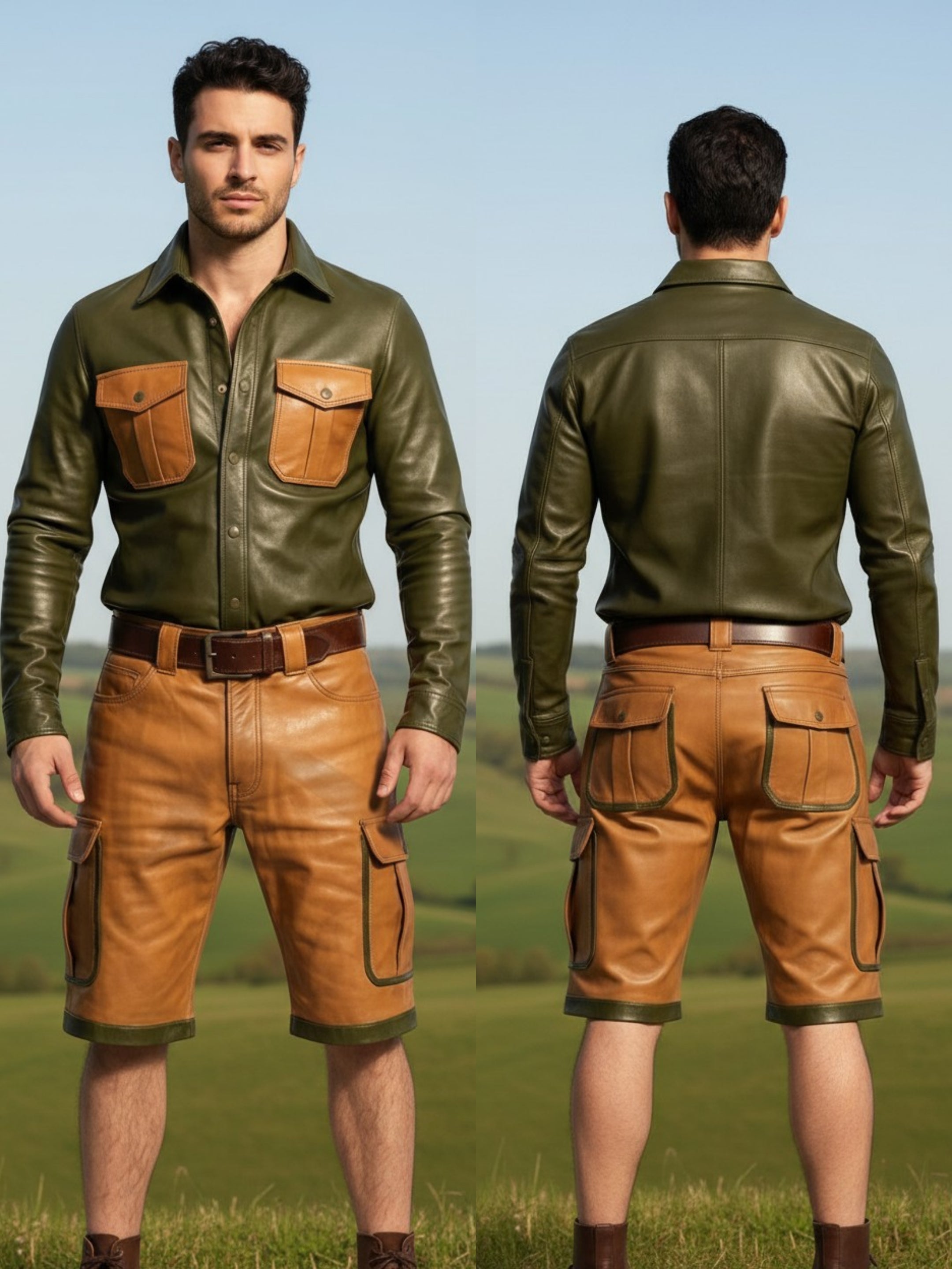 Men's Real Vintage Lamb Leather Cargo Shorts & Long Sleeves Shirt Contrast Trims