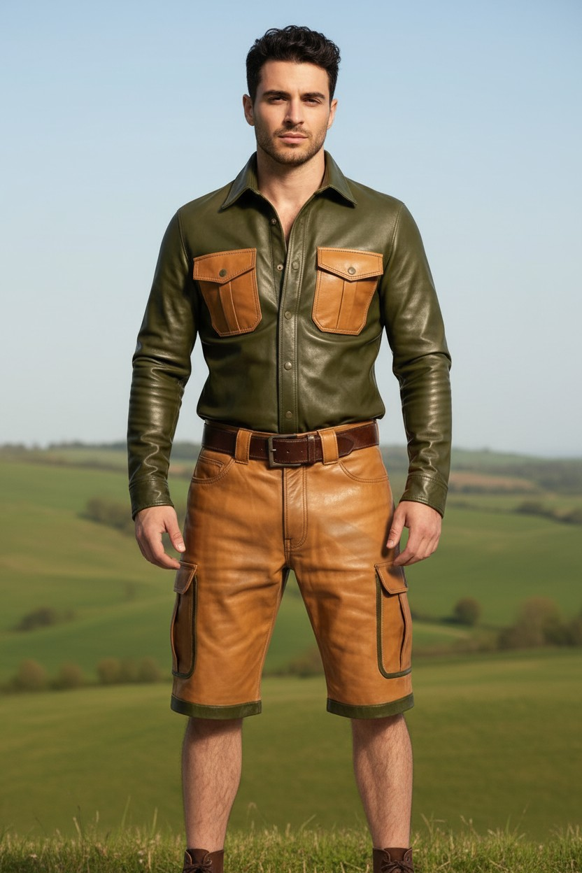 Men's Real Vintage Lamb Leather Cargo Shorts & Long Sleeves Shirt Contrast Trims