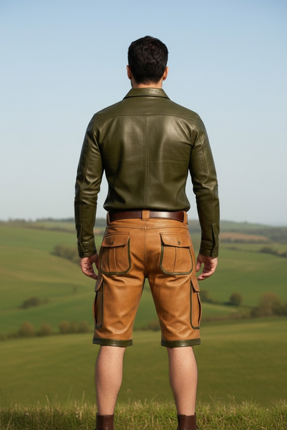 Men's Real Vintage Lamb Leather Cargo Shorts & Long Sleeves Shirt Contrast Trims