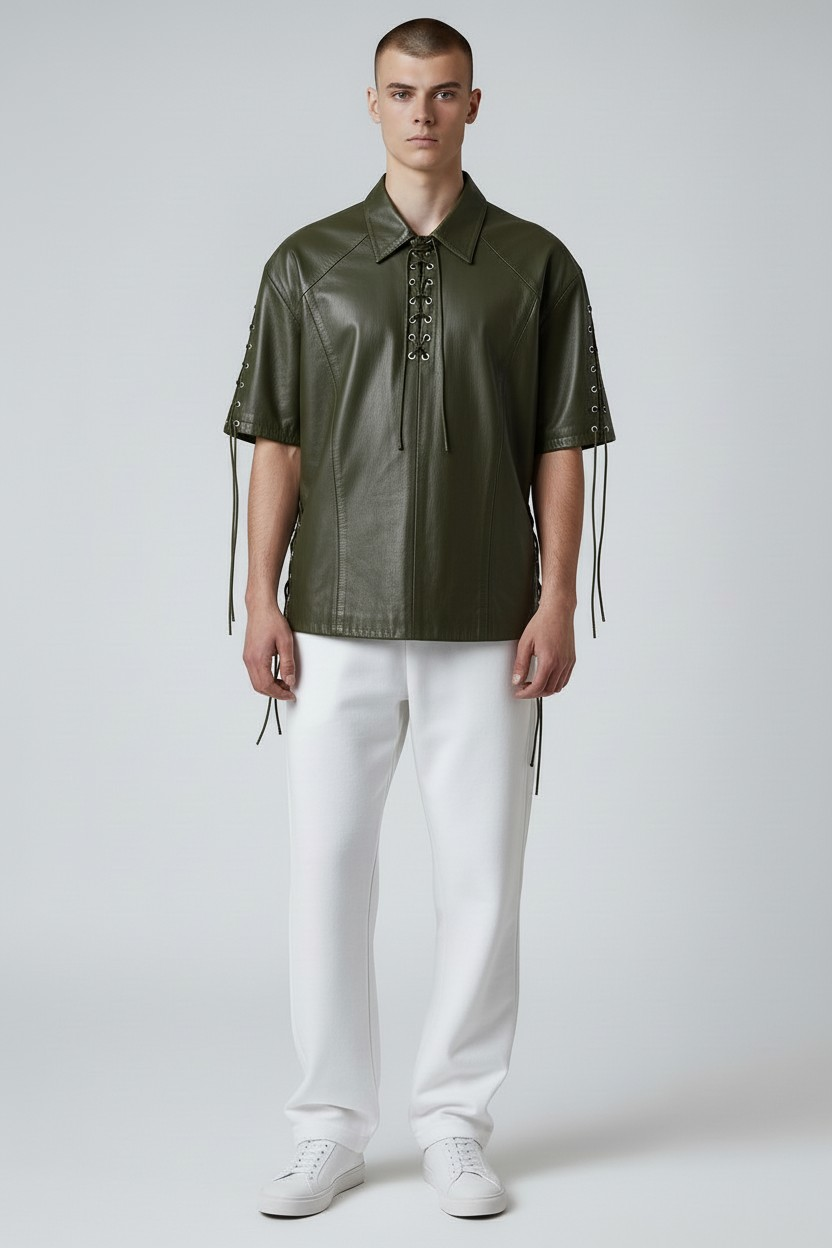 Men's Real Lamb Leather Shirt Laces Up Front,Sleeves & Slits Shirt In 7 Colors