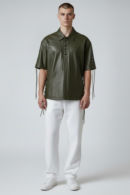 Men's Real Lamb Leather Shirt Laces Up Front,Sleeves & Slits Shirt In 7 Colors