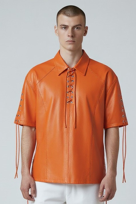 Men's Real Lamb Leather Shirt Laces Up Front,Sleeves & Slits Shirt In 7 Colors