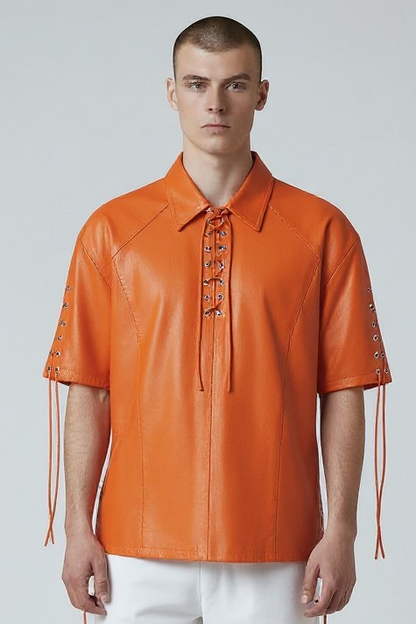 Men's Real Lamb Leather Shirt Laces Up Front,Sleeves & Slits Shirt In 7 Colors