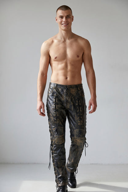 Men's Genuine Distressed Cow Leather Lace-Up Biker/Rock/Gothic Pants