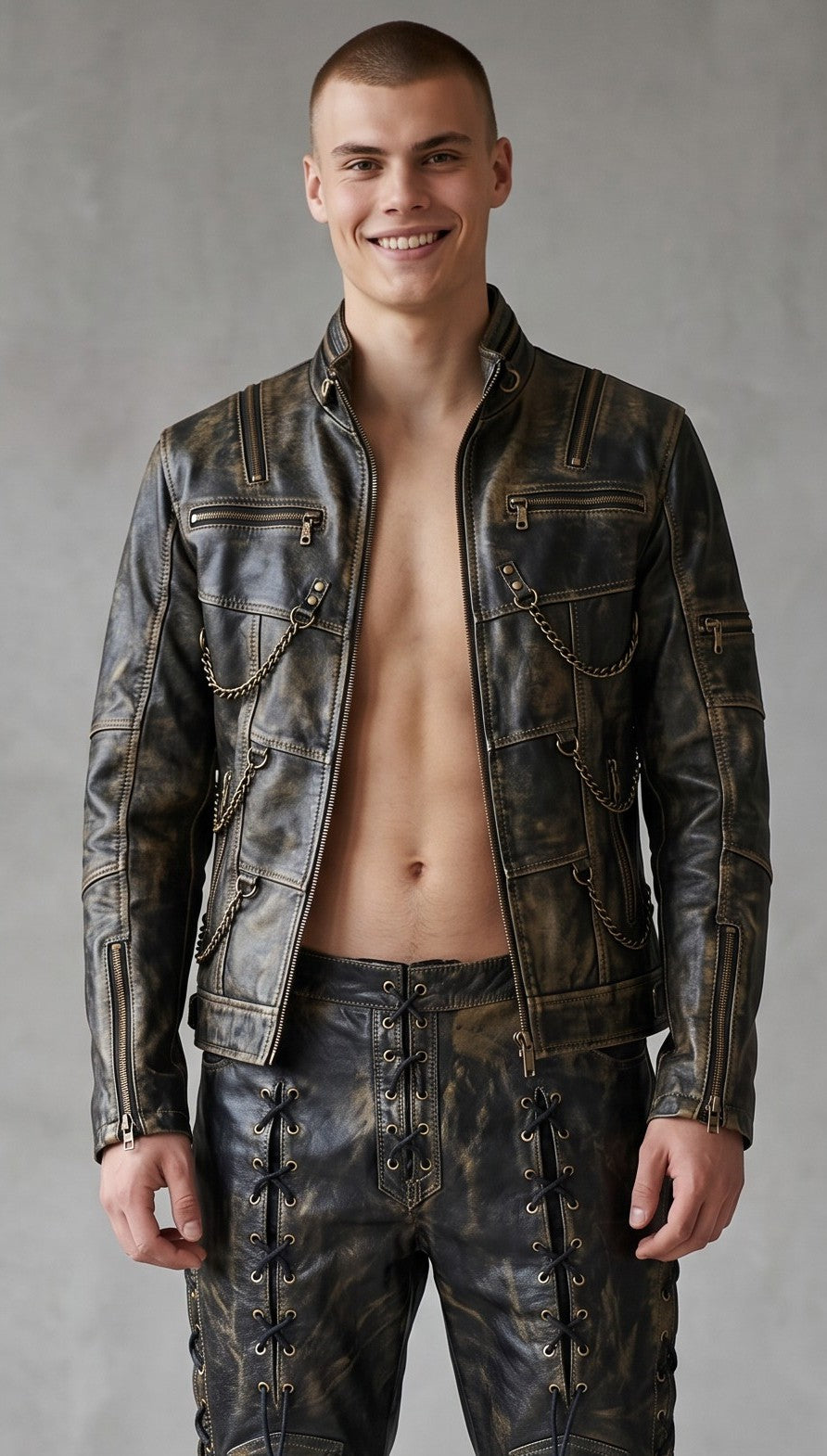 Men's Genuine Distressed Cow Leather Biker Jacket/Steampunk/Gothic Jacket