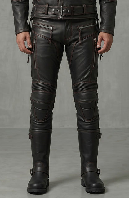 Men's Genuine Vintage Cow Leather Motorcycle Riding Pants
