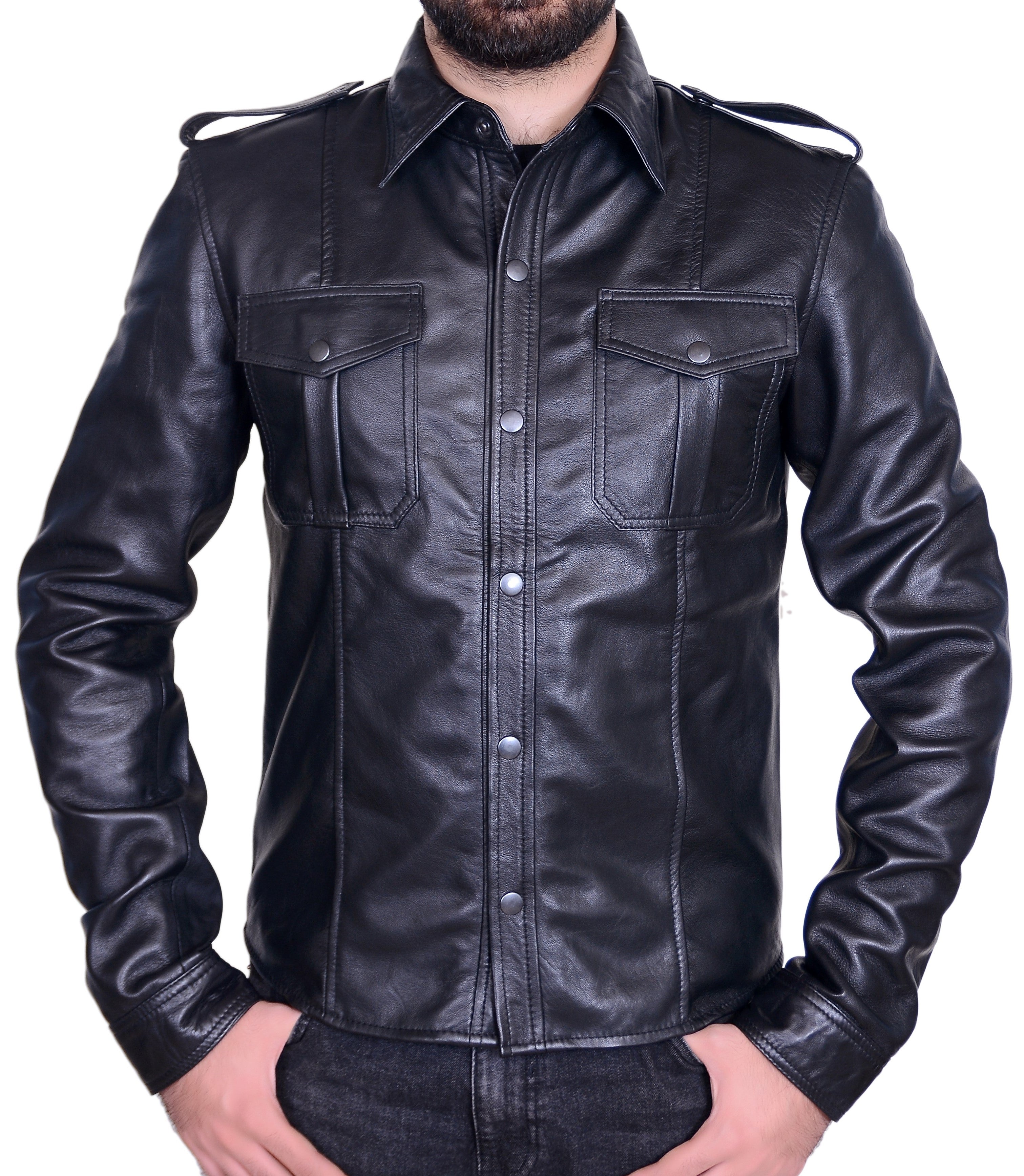 Mens Real Lamb Leather Police Style Long Sleeve Shirt
