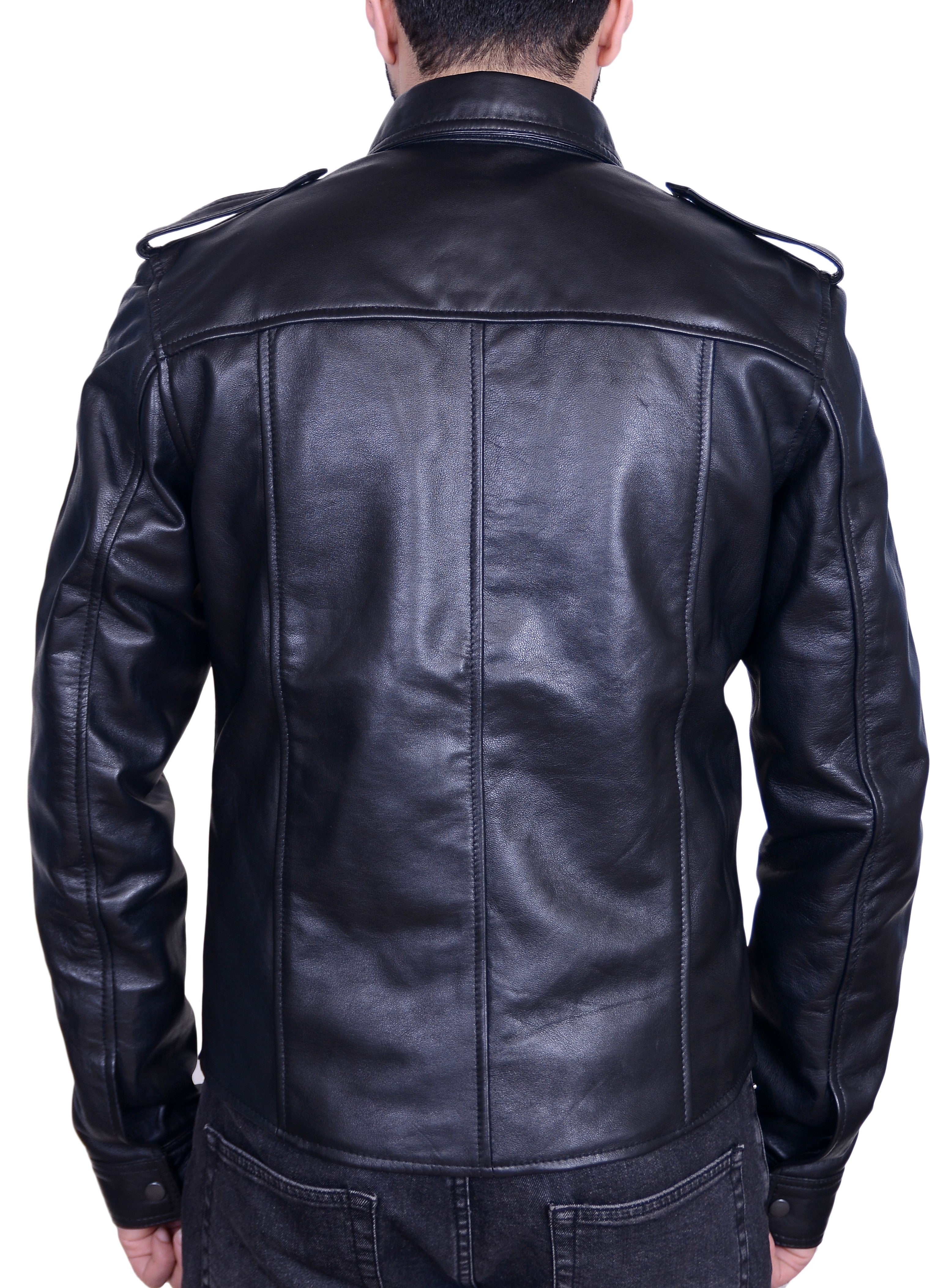 Mens Real Lamb Leather Police Style Long Sleeve Shirt