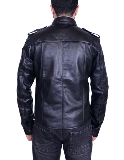 Men's Real Lamb Leather Police Style Shirt Sexy Long Sleeves Leather Shirt