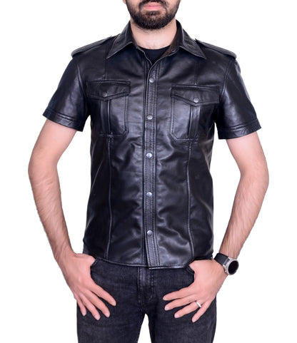 Men's Real Lamb Leather Police Style Sexy Shirt Short Sleeves Leather Shirt