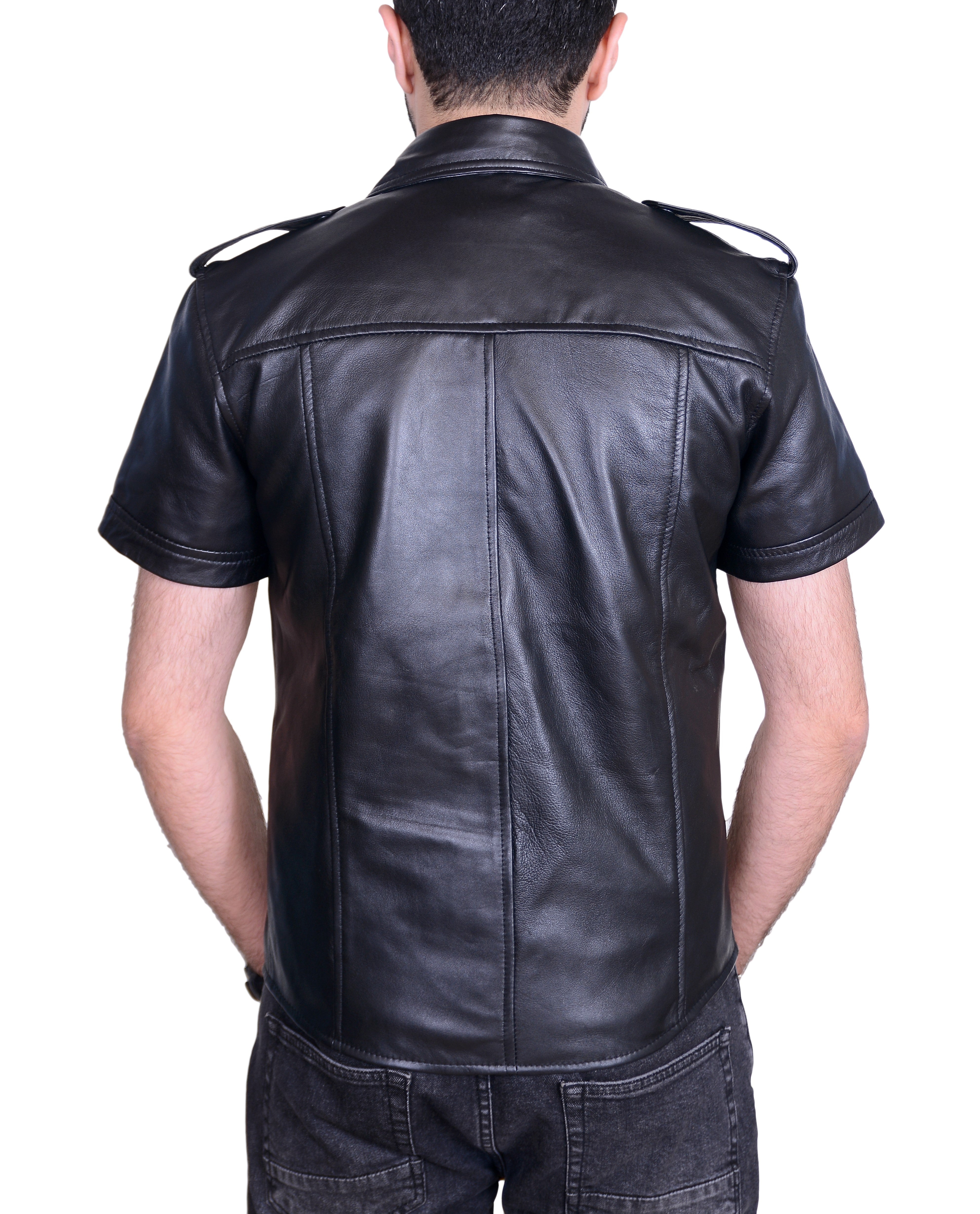 Men's Real Lamb Leather Police Style Sexy Shirt Short Sleeves Leather Shirt