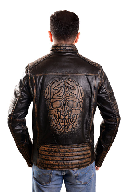 Men's Real Distressed Leather Quilted Bikers Jacket Embossed Skull Back Jacket: