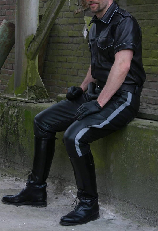 Men's Real Leather Pants & Police Shirt With Gray Piping & Stripes Pants & Shirt