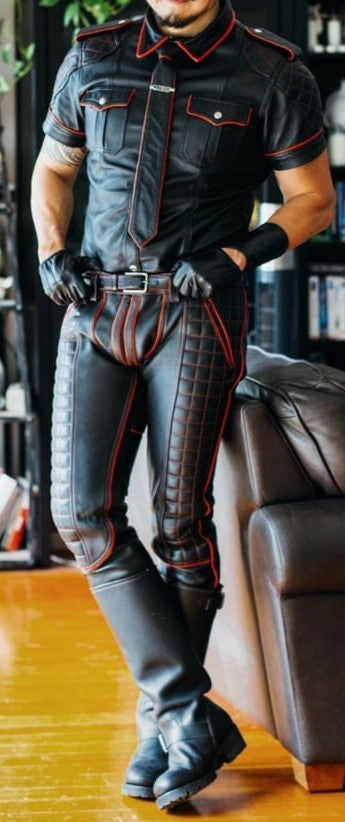 Men's Real Leather Quilted Panels Pants Contrast Thread & Police Shirt With Red Piping