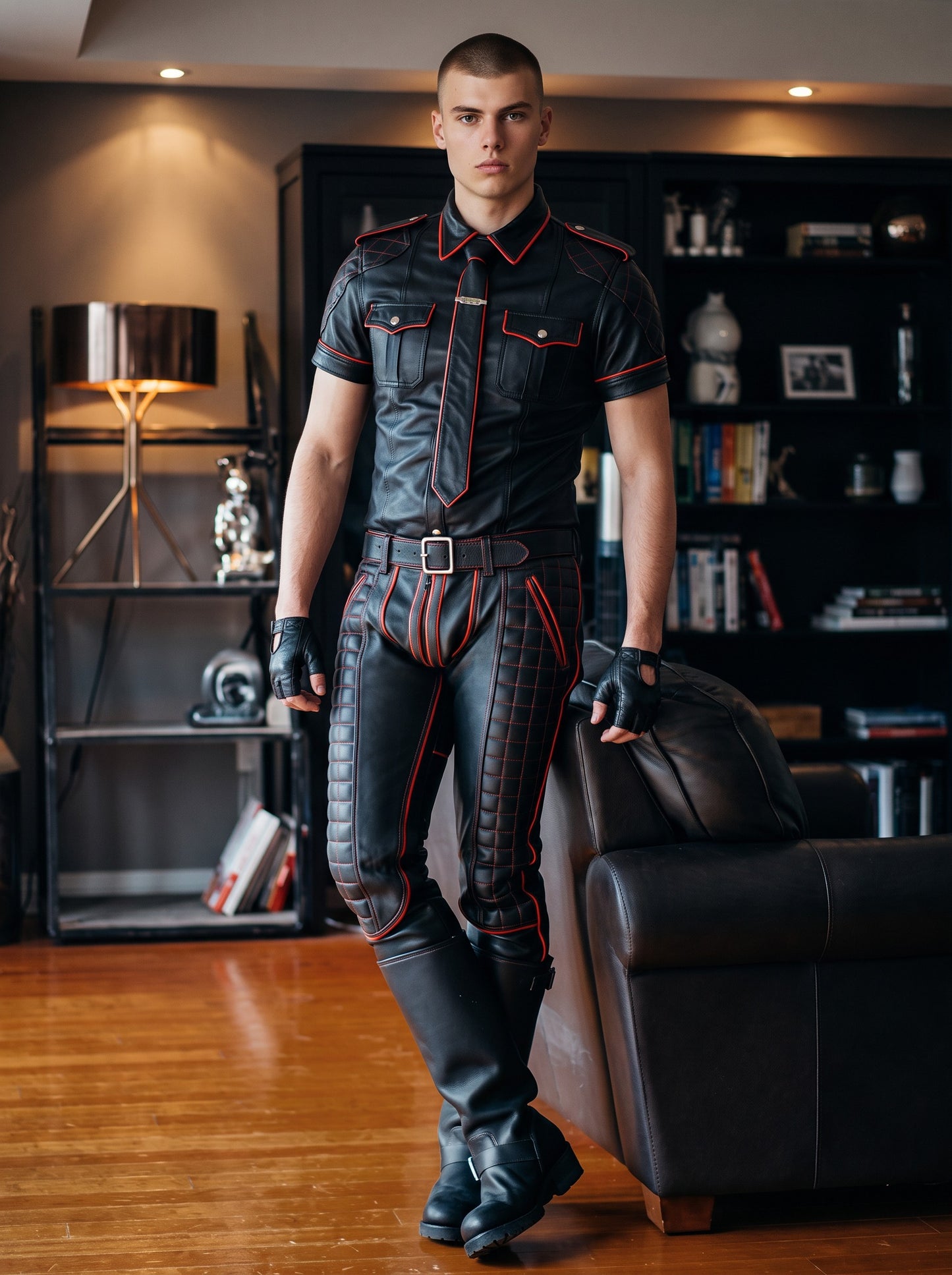 Men's Real Leather Quilted Panels Pants Contrast Thread & Police Shirt And Tie