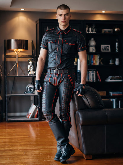 Men's Real Leather Quilted Panels Pants Contrast Thread & Police Shirt And Tie