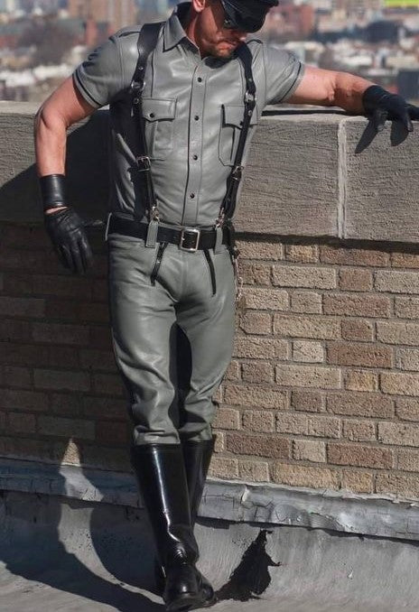 Men's Real Leather Carpenter Pants & Police Shirt BLUF Gray Pants And Shirt