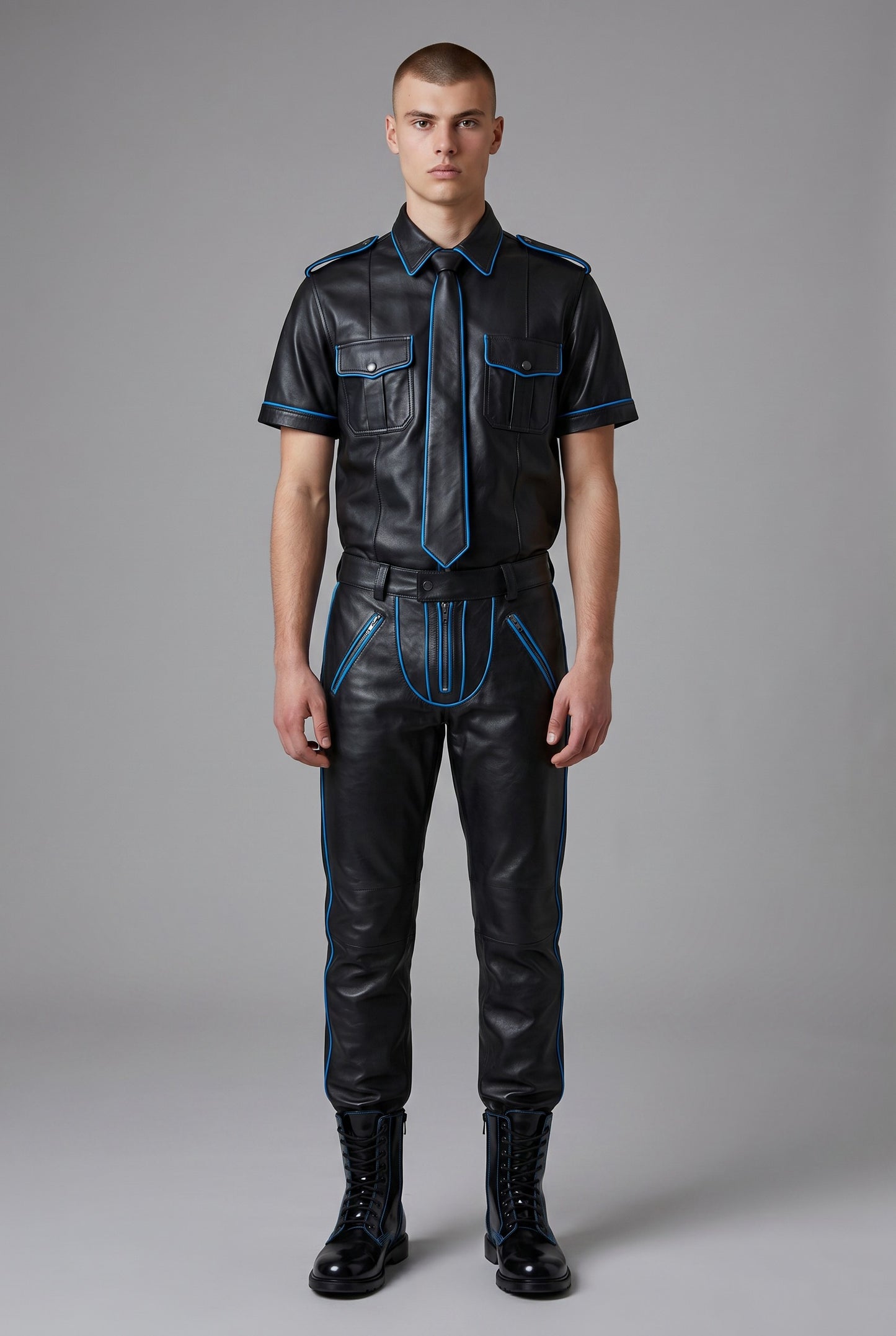 Men's Real Leather Police Uniform Set Pants, Shirt & Tie With Blue Piping