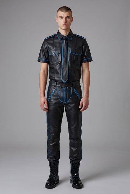 Men's Real Leather Police Uniform Set Pants, Shirt & Tie With Blue Piping
