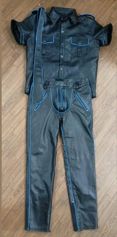 Men's Real Leather Police Uniform Set Pants, Shirt & Tie With Blue Piping