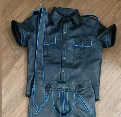 Men's Real Leather Police Uniform Set Pants, Shirt & Tie With Blue Piping