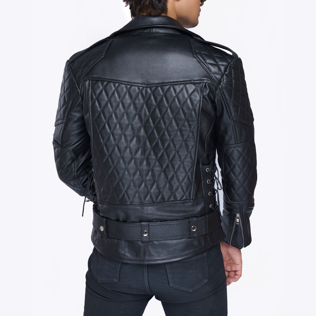Real Natural Cow Leather Bikers Quilted Panels Jacket