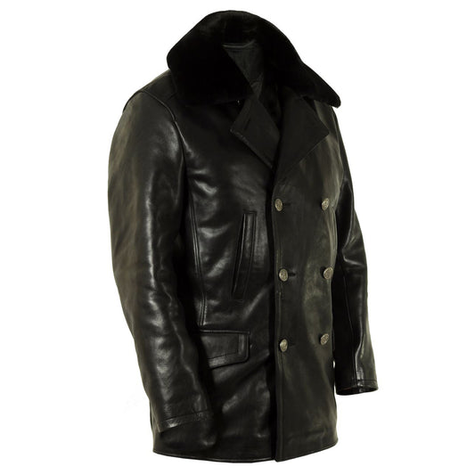 Men's Classic Leather Pea Coat, Long Jacket