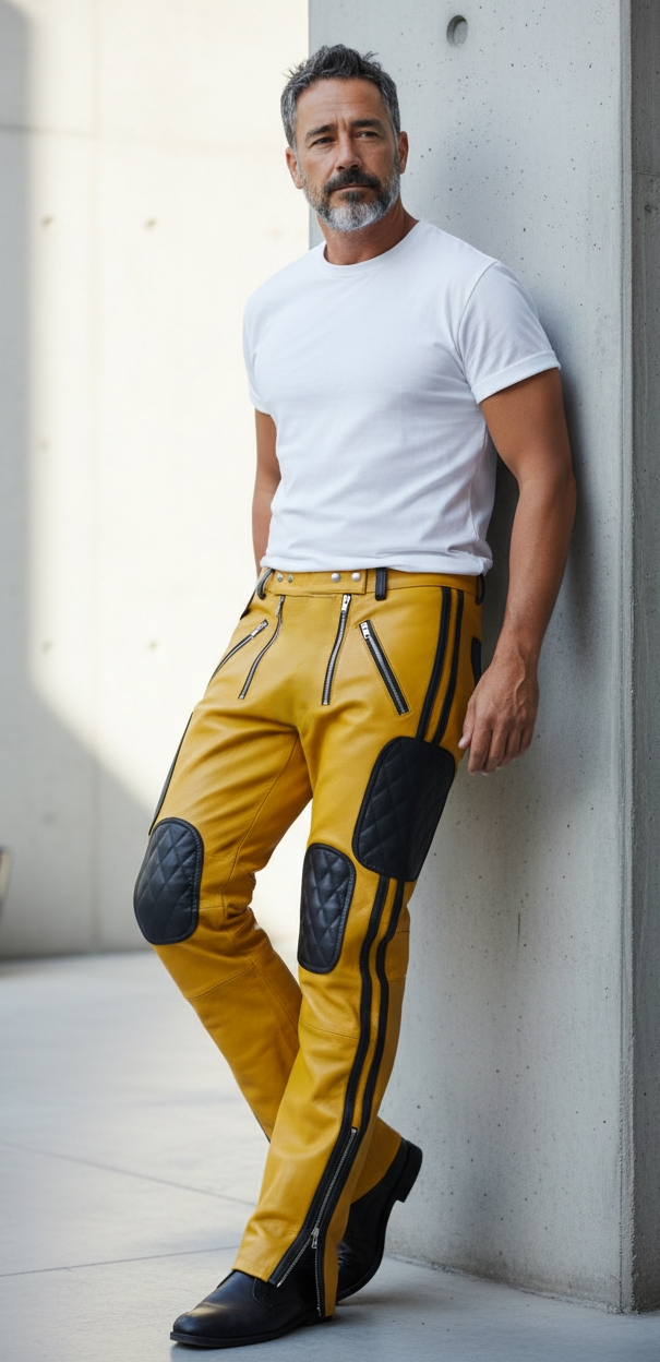 Men's Real Leather Quilted Yellow & Black Panels Carpenter Pants