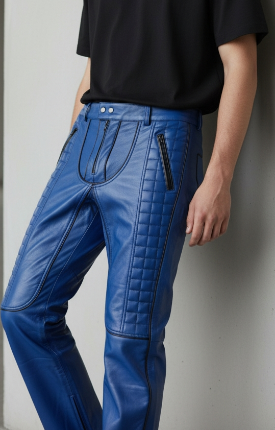Men's Cowhide Bikers Pants With Quilted Panels & Piping Bikers Pants / Bikers Trousers