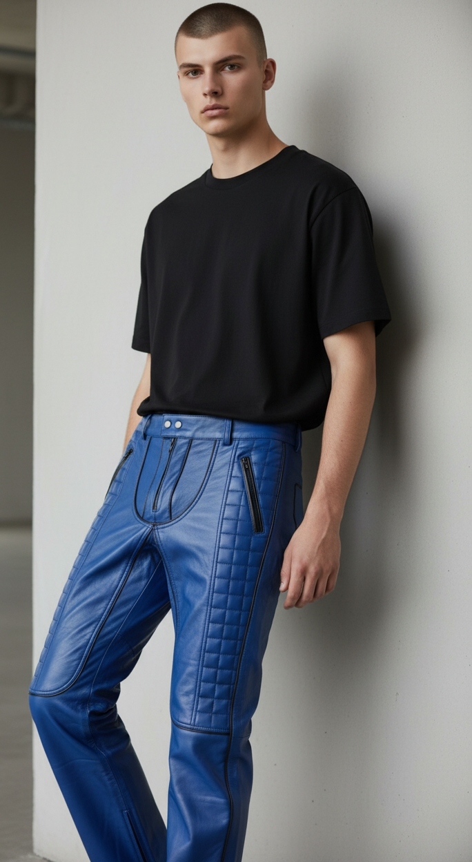 Men's Cowhide Bikers Pants With Quilted Panels & Piping Bikers Pants / Bikers Trousers