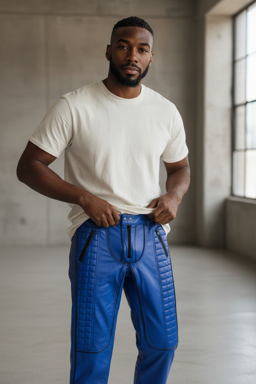 Men's Cowhide Bikers Pants With Quilted Panels & Piping Bikers Pants / Bikers Trousers