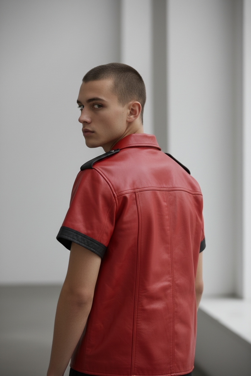 Men’s Lamb Leather Police Shirt Contrast Trims Short Sleeve Bluf Police Shirt