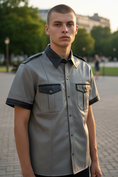 Men’s Real Leather Short Sleeves Police Uniform Shirt BLUF Shirt Contrast Trims